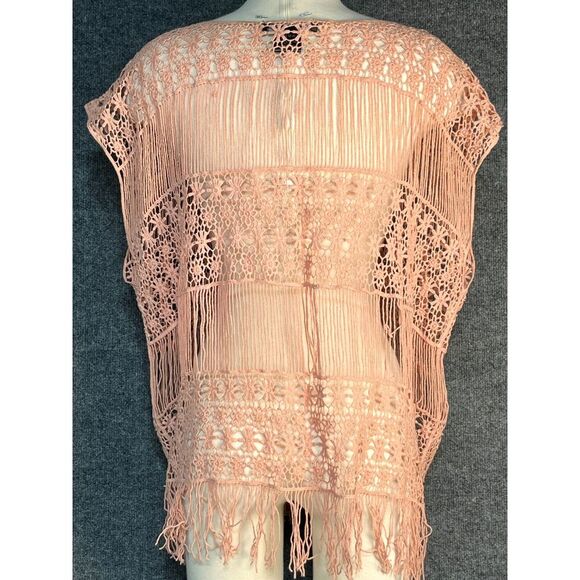 Living Doll LA Crochet Beach Cover Up Fringe Hem Oversized Pink Women Size XS/S - Picture 9 of 13
